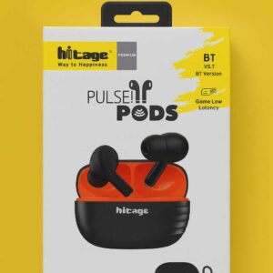 "Hitage Pulse Pods vs.T gaming earbuds with low latency" "Hitage BT version wireless earbuds with silicon cover" "Pulse Pods vs.T Bluetooth earbuds with hanger"