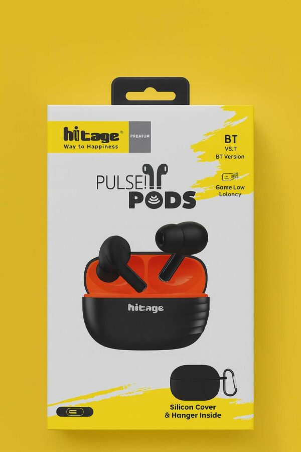 "Hitage Pulse Pods vs.T gaming earbuds with low latency" "Hitage BT version wireless earbuds with silicon cover" "Pulse Pods vs.T Bluetooth earbuds with hanger"