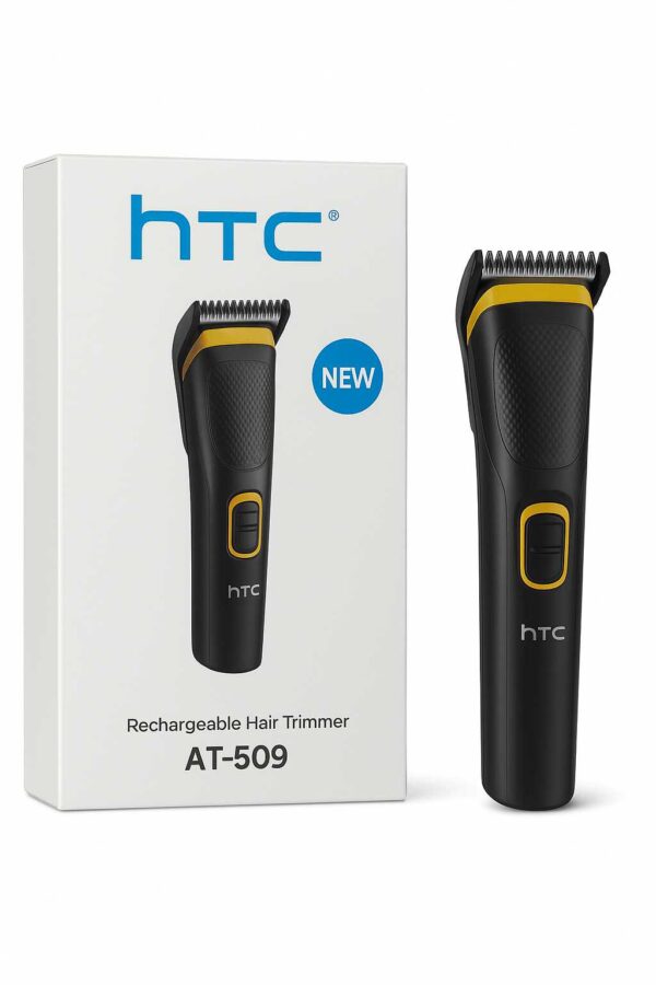"HTC AT-509 rechargeable beard and hair trimmer" "HTC AT-509 trimmer with stainless steel blades" "Professional HTC AT-509 grooming trimmer for men"